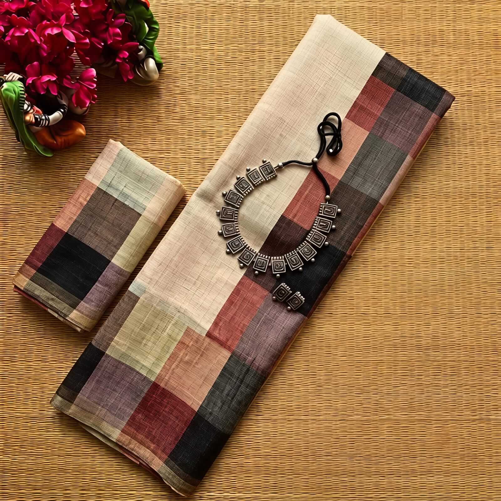 Linen Checked Cotton Onam Saree