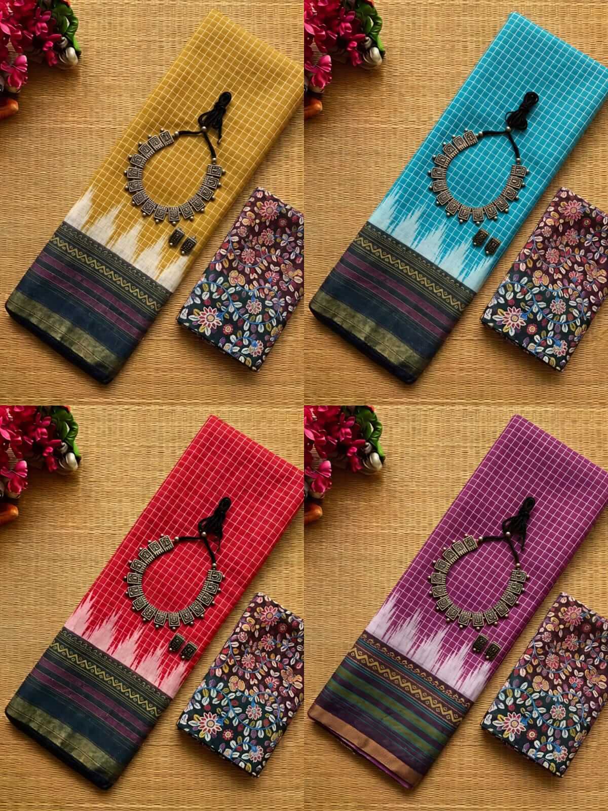Premium Linen Cotton Checked Ikkat Design Saree