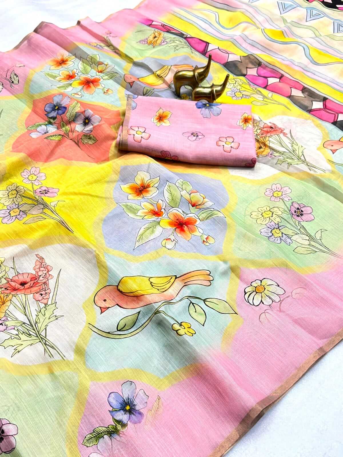 Premium Linen Whimsical Avian Flora Sarees
