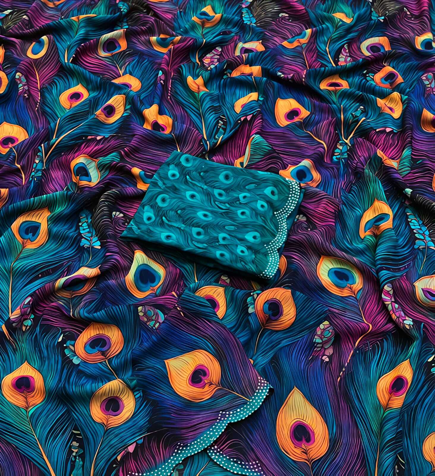 Premium Peacock Feather Print Saree